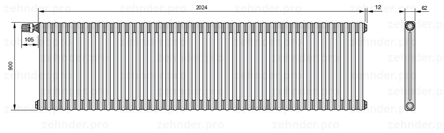 Схема (чертеж) Радиатор Zehnder Charleston 2090/44 №V012 Белый глянцевый RAL 9016